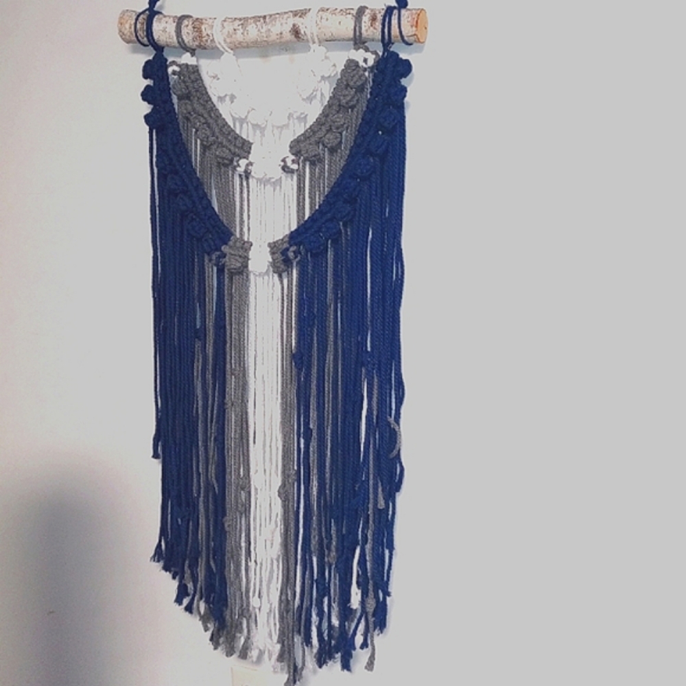 💙🩶🤍 Handmade Birch Wood Macrame Wall Hanging deco home decoration - Picture 9 of 9